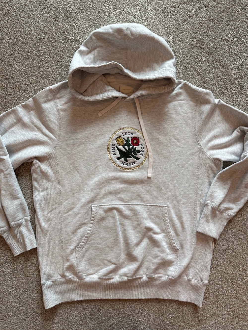 Aime Leon Dore Light Gray Hoodie with Embroidered Floral Crest